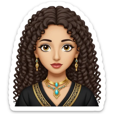 pretty bratz baddie emoji with arabian nose, pretty lips, light skin, long curly hair, black eyeliner, wearing arabian clothes sticker