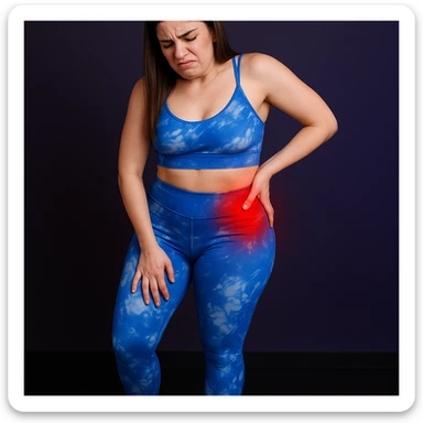 A slender woman in 4K, standing with an asymmetrical posture, right hand pressing on the right hip, acute pain expression, localized redness on the hip, inspired by the reference photo. sticker