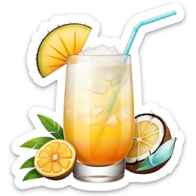 A beautiful cocktail with a creamy white to orange gradient, containing coconut juice and mango, reminiscent of summer. Above, there are tropical flowers, lemon slices, and a straws. sticker