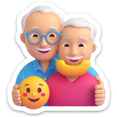 3D smiley emoji, round shape, grandfather with a grandchild drawing together, blue color, smiling face sticker