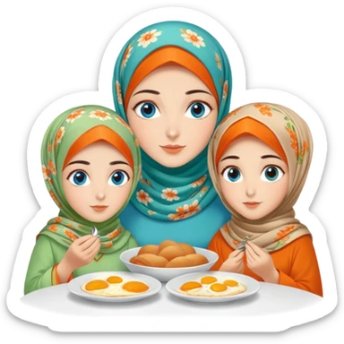 Four sister Turkish girls beautiful finish Konya blue eyes with orange floral hijab and light green dress and make Breakfast sticker