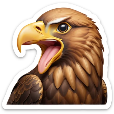 Cinematic Cute Yawning Golden Eagle Portrait Emoji, Head tilted slightly with a dramatic, wide-open yawn, showcasing a robust, majestic form with softly drooping feathers and sleepy, half-closed eyes, Simplified yet irresistibly adorable features, highly detailed, glowing with a soft, cozy amber glow, high shine, relaxed yet expressive, stylized with a dash of whimsical aerial charm, soft glowing outline, capturing the essence of a drowsy yet affectionate golden eagle that appears ready to stretch out for a nap! sticker