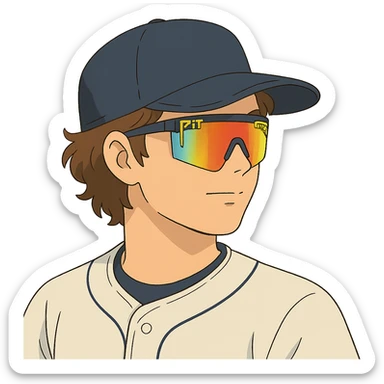 ghibli style illustration of a baseball player with brown hair, no beard, baseball cap, and Pit Viper sunglasses sticker