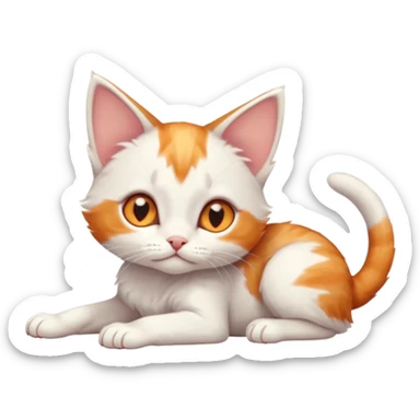 full body of very small + skinny ginger and white kitten with deep orange eyes and triangular shaped face lying down with bent front paws sticker