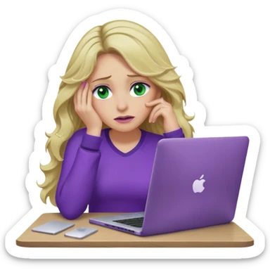lady with long wavy blonde hair, purple top, green eyes, elbow on desk with hand on face, with a purple mac laptop tears rolling down her face as poorly sticker