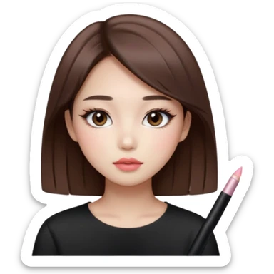 “korean straight brown hair Emoji girl, soft eyeliner and blush, gradient lips, light brown shimmer eyeshadow sticker