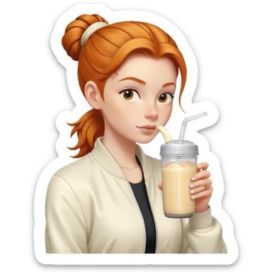 Ginger girl with cream jacket drinking pre workout shake middle part slick back bun sticker
