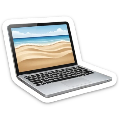  An open laptop in the foreground on the beach. sticker