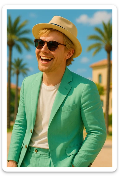 Make the man more animated and Scandinavian with lively expression and Scandinavian features. Keep the mint green linen suit, sunglasses, and straw hat. sticker