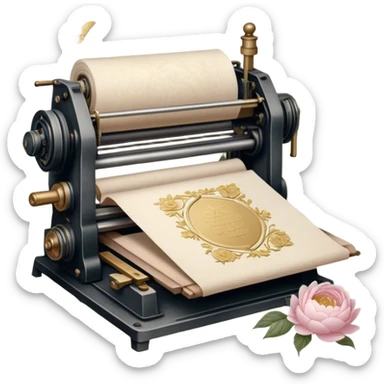 An old-fashioned letterpress printing studio, where stacks of aged parchment are printed with delicate golden floral motifs of soft pink roses and white peonies, as pearl butterflies rest gently on the warm paper.
 sticker