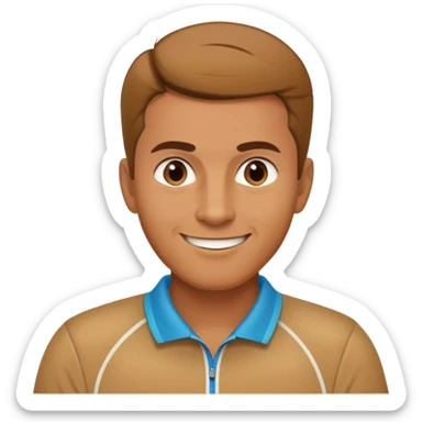caramel brown Chindian male tennis coach, short straight hair with widow's peak, oval face, small eyes, smiling sticker