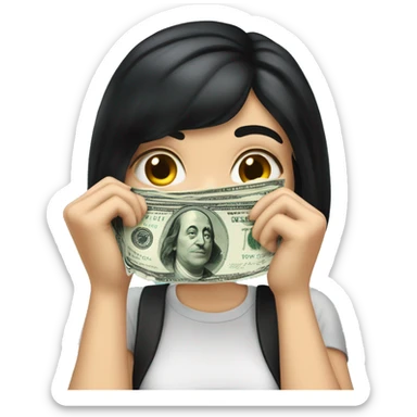 White girl with black hair and big lips wipes away tears with a banknote sticker