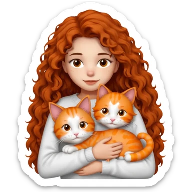 a girl with long dark brown curly hair, wearing a white sweater, hugging an orange cat, a grey Maine Coon, and a white cat with spots, emoji style sticker