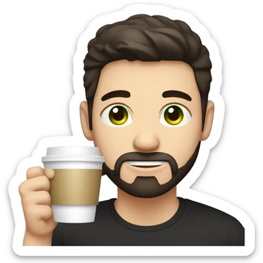 Handsome man with dark hair, holding an cup of coffee, gradient short hair on the side, green eyes. Thin face. Black t-shirt. A little beard. sticker