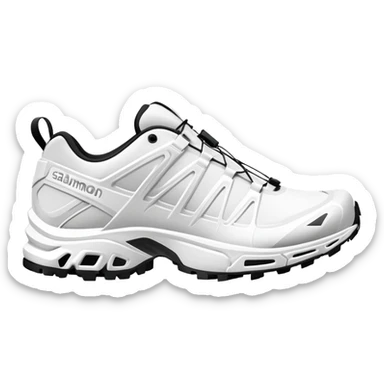 Completely all-white Salomon XT-6 shoes with no colored details whatsoever, one positioned behind the other, pure white minimalist design, iOS emoji style sticker