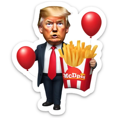 Trump holding McDonald’s French fries and holding a knife in the other hand with a red balloon sticker