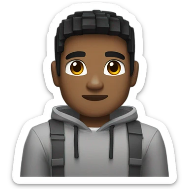 young black-hair man with brown eyes dressed in a gray minecraft hoodie sticker