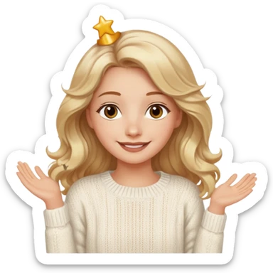 A pretty white girl with hazel brown eyes and long  down and blonde wavy hair in a cosy white knit sweater, she is celebrating her birthday and is happy sticker