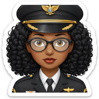 femme pilote d'avion en uniforme noir aux cheveux bouclés noir et petites lunettes arrondis identique avec des cheveux très long et la peau noir mais légèrement plus claire  sticker