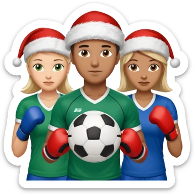 3 atletas, um homem no meio e duas mulheres com cores de pele diferentes, usando elementos esportivos, bola de futebol, luvas de luta e bola de vôlei. Coloque um chapéu de papai noel das cores verde e com roupas azul e branco sticker
