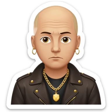 Bald Russian 1990s gangster emoji, leather jacket, gold chain, serious face sticker