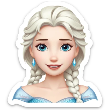 Cinematic Radiant Snow Queen Portrait Emoji, rendered in a realistic, vector style with clean proportions. Show Elsa with a gentle, confident smile, icy pale skin, and luxuriously styled platinum hair, her expression calm and regal. The image glows with a soft, enchanting icy luminescence, high shine, and is accented by a soft glowing outline that enhances her ethereal beauty. sticker