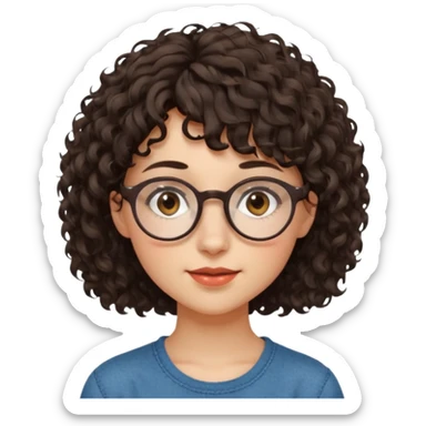 Koyu renk, dağınık kıvırcık saçlı, kısa kahküllü, yuvarlak gözlüklü ve büyük kahverengi gözlü bir genç kadının yüzünü gösteren emoji tarzı illüstrasyon. Hafif bir gülümseme veya tatlı bir sırıtış ifadesi var. Cilt tonu açık. sticker