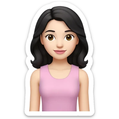 3D-style emoji or Memoji of a young woman. She has long, slightly curly black hair parted in the middle, large lazel eyes, arched eyebrows, and soft pink lips. She’s wearing a white, sleeveless top and is smiling gently. The overall style is clean, modern. sticker