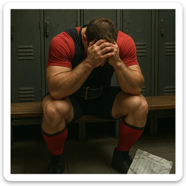 realistic powerlifter sitting in locker room with head in hands, competition clothing, crumpled weight category chart beside, frustrated expression, atmosphere of defeat, detailed, locker room background sticker