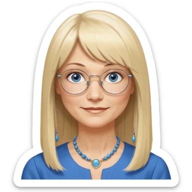 50 yr old white woman, hippie parted very long hair, short bangs, very long straight blond hair, oval face, small smile, blue eyes, thin face, hair downback, hair parted at center of head, round cheeks, pale, longer hair, business dress, long hair, big glasses sticker