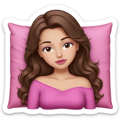 girl with long wavy brown hair, brown eyes, long lashes makeup, sexy pink lips, light to medium complexion, wearing a pink sexy top, sleeping sticker