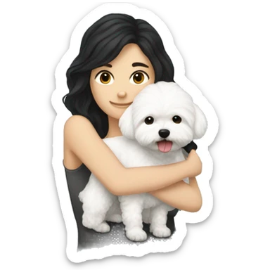 Long black-haired white woman hugging her white maltipoo sticker