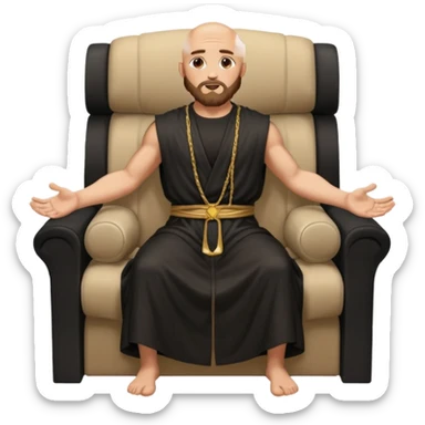 fullbody bald jesus christ jacked, sleeveless and unbuttoned in black robe sitting with elbows on armrests sticker
