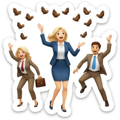 Poop flying everywhere executives trying to catch it as another women worker laugh looking on l sticker
