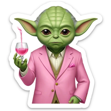 Master Yoda in pink suit, holding small pink tequila shot sticker