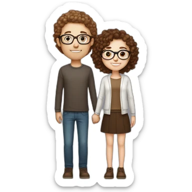 couple holding hands, white girl with round silver glasses and really short brown curly hair, tall white man with brown round glasses and short curly brown hair sticker