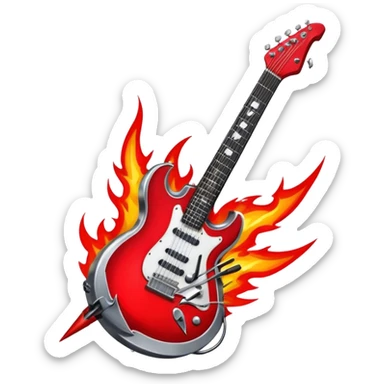 Create a bold and powerful emoji representing rock vocal performance in a humanless collage. The design should feature a vintage microphone at the center, surrounded by a heavy, aggressive hardcore electric guitar with sharp, jagged edges. Include crossed drumsticks behind the guitar, symbolizing the intense rhythm of rock music. Add fiery elements like flames or lightning bolts to enhance the raw energy of the design. Use dark, bold colors like black, red, and silver, with metallic or chrome accents to reflect the rebellious, hard-hitting nature of rock. The background should be transparent. sticker