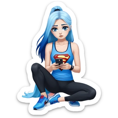 Shameful disappointed crying-very very very very big chest-texting on a samsung cell phone-very long straight flowing black to sky blue hair ombre-blue eyes-black eyeliner-long eyelashes-plastic sparkling sky blue very low cut tank top with sparkling superman logo-black leggings-nike sneakers sticker
