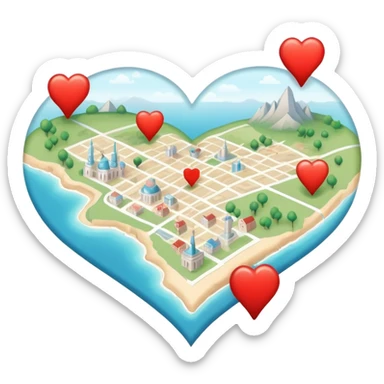 Detailed cartography map with soft ethereal coloring, containing red heart pins marking romantic locations and different symbols for other life experiences sticker