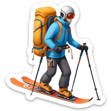 Icon for Mountain Tourism: a distant snow-capped mountain peak with skis, a snowboard, an ice axe, a backpack and a camera. The icon should convey the spirit of adventure and exploration in the mountains. Transparent background. sticker