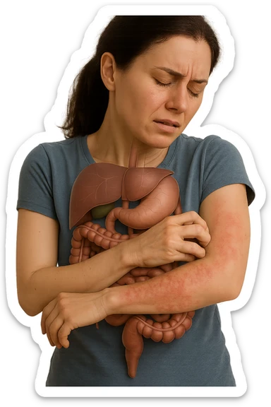 donna con intestino umano anatomico realistico che si gratta il braccio su cui ha un'eritema, iperrealistica 4k sticker