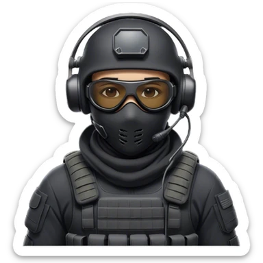 Futuristic special forces soldier wearing a white full-face balaclava, black wraparound sunglasses (only one pair of glasses), and a high-tech military headset with a microphone. Dressed in a dark tactical uniform with modern combat gear. sticker