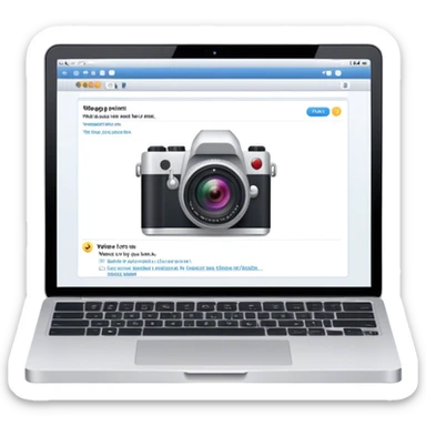 Create an emoji representing blogging. The design should feature an open laptop with a visible blog post on the screen, showing text. Add a photo or video camera to emphasize multimedia content. Do not include any emojis or smiley faces. Make the background transparent. sticker