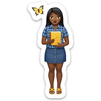 A plus-size Black woman is wearing makeup. She has long, straight black hair and is wearing a short-sleeved flannel shirt with a yellow butterfly print, a denim miniskirt, and sandals. She is standing and holding a book in one hand while extending her forearm upward with the other. sticker