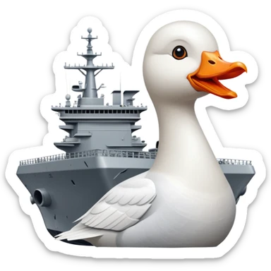 A gray military aircraft carrier with a white goose head and orange beak at the front of the ship sticker