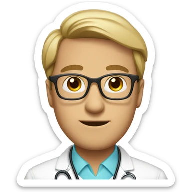 a man with glasses and large eyes in a doctor's suit sticker