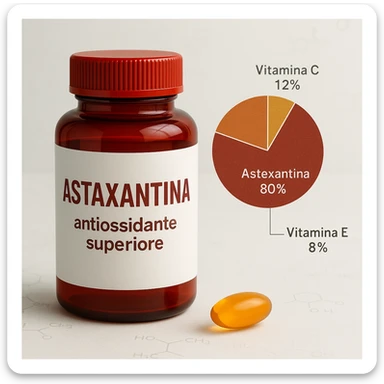 hyper realistic Astaxantina with pie chart showing superiority over vitamin C and vitamin E, red bottle, orange and golden capsule, text 'Astaxantina: antiossidante superiore', scientific atmosphere, light background sticker
