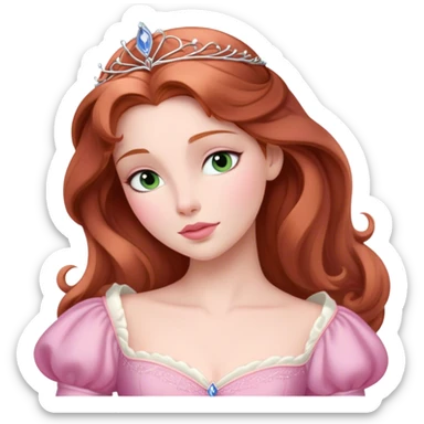 Cinematic Elegant Sleeping Beauty Portrait Emoji, rendered in a realistic, vector-style with minimal shading and bold, simplified shapes. Depict Aurora (Sleeping Beauty) (chest and above) with delicate porcelain skin, soft auburn hair styled gracefully, and gentle, dreamy eyes, dressed in her classic pink gown. The image glows with a soft, enchanting radiance and high shine, capturing timeless regal beauty. sticker