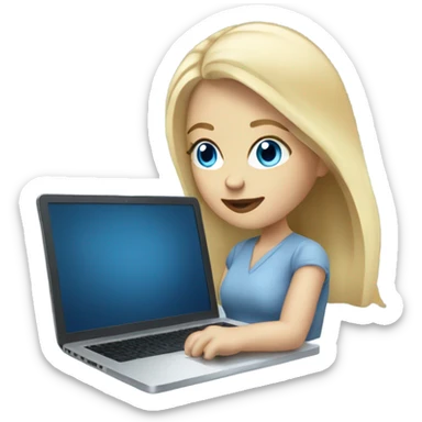 blonde pale white woman with blue eyes working on laptop sticker