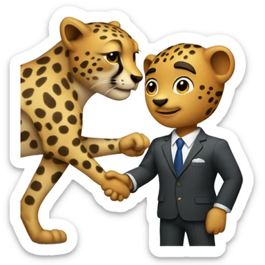 A cheetah in a classic suit shakes hands with a man  sticker